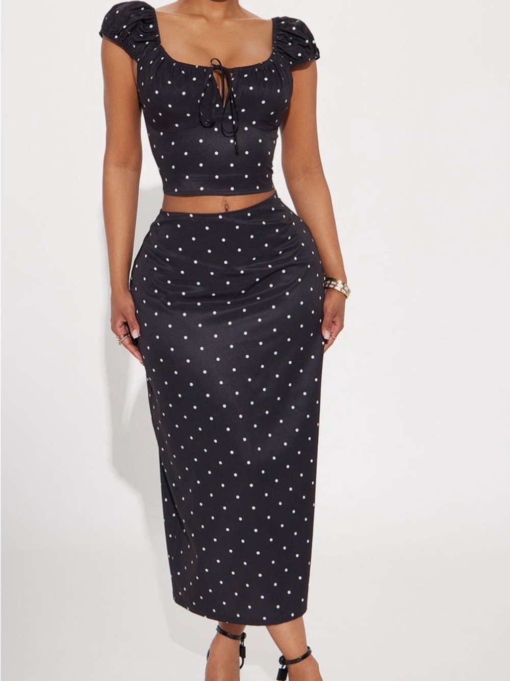 Fashion Nova Black Polka Dot Midi Skirt Set Outfit - Large